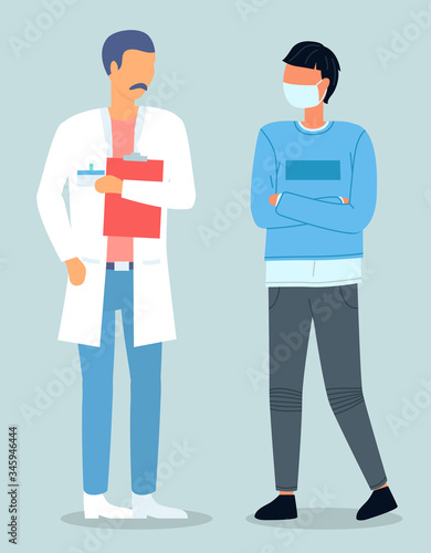 Patient talking with doctor holding folder with anamnesis in hands. Coronavirus pandemic. Man wearing protective facial mask with health specialist. Flat vector illustration with cartoon characters