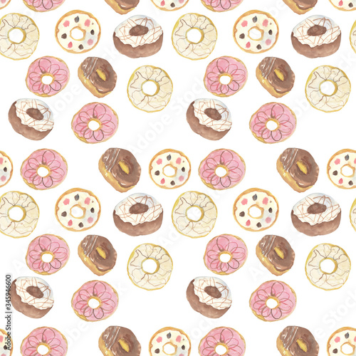 Watercolor hand drawn seamless pattern of doughnut on white background  can be use for wallpaper or  shop decorate.