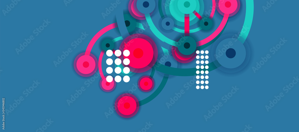 Flat style geometric abstract background, round dots or circle connections on color background. Technology network concept.