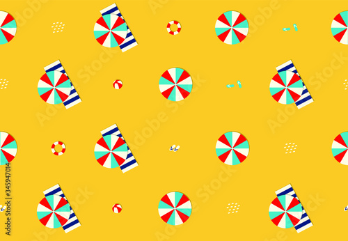 Vector seamless pattern with beach umbrella, balls, lifebuoy, slippers. Colorful summer illustration, geometric elements, graphic repeatable background, artistic backdrop