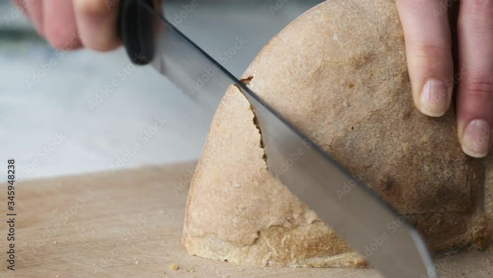 Rustic Sourdough Bread Being Sliced - Close Up Shot of Homemade Crunchy ...