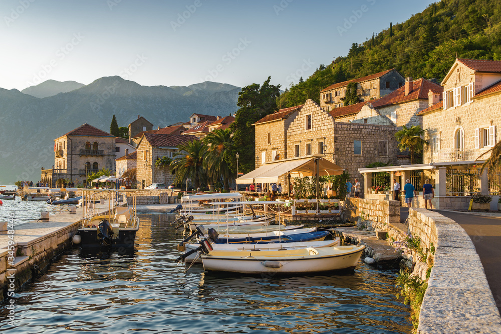 Sunset view of Kotor bay from beautiful town Perast, Montenegro.