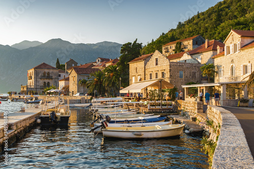 Sunset view of Kotor bay from beautiful town Perast, Montenegro.