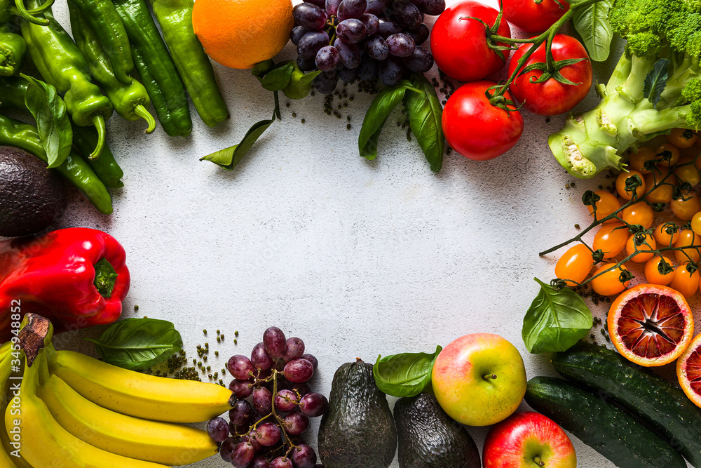 Fresh vegetables and fruits on a white kitchen table. Background for supermarkets, fresh food stores, delivery. Fresh vegetables and fruits on a white kitchen table. Background for supermarkets, fresh food stores, delivery.