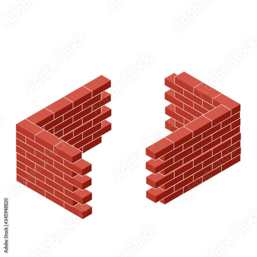 Red brick wall of house. Element of building construction. Corner of Stone object. Isometric illustration. Symbol of protection and security