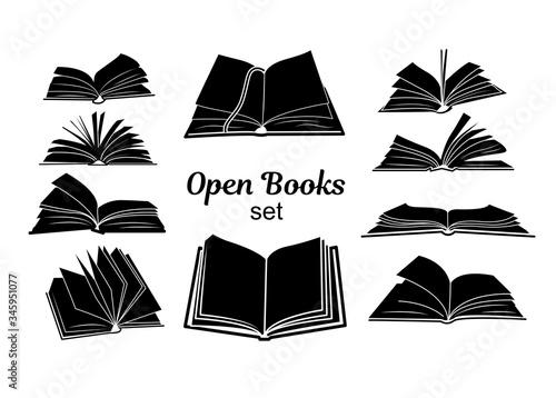 Open book black silhouettes. Knowledge and education symbols set isolated on white background. Books pictograms for bookstore, literature classes or book fair logo design vector illustration.