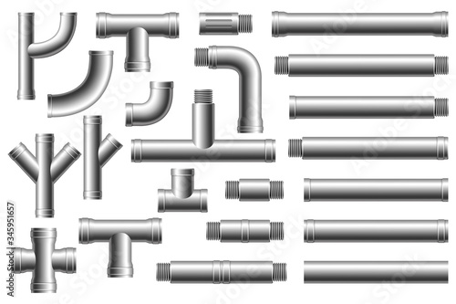 Steel pipes, pipeline. Set of pipe elements. Different types collection of water tube. Construction and industrial pressure technology plumbing.