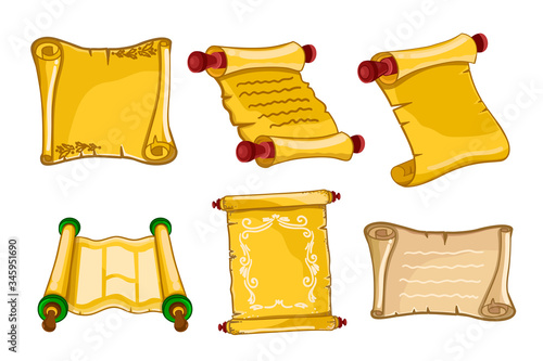 Antique parchments. Old paper rolls or ancient manuscripts icons isolated on white background. Vertical and horizontal scrolls set in carttoon style vector illustration. Obsolete rolled papyrus object