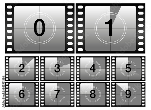 Countdown frames. Classic old film movie timer on filmstrip. Retro timer frames set from 0 to 9 numbers vector illustration. Vintage film or television intro counting, movie projector count down.