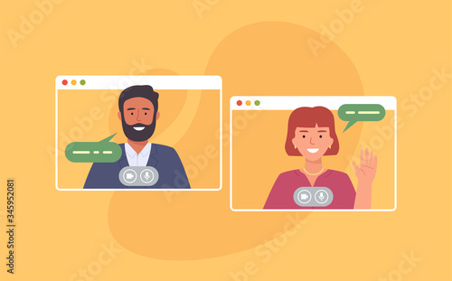 Video conference. Colleagues taking part in video conference in home. Working from home. Software for online communication. Vector illustration