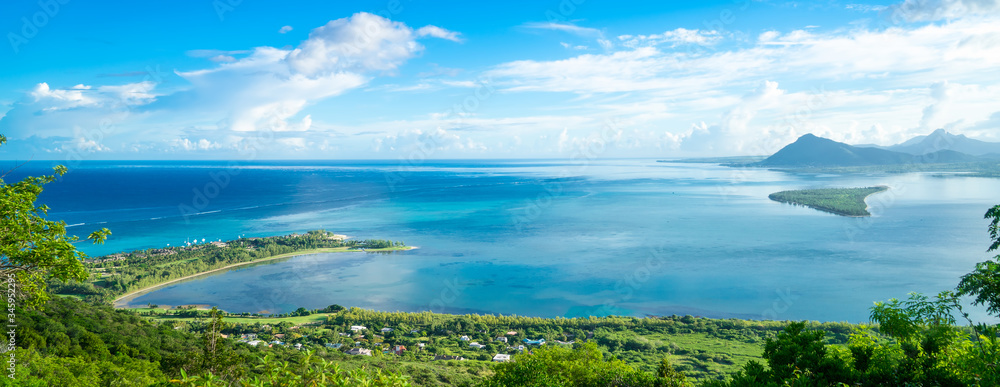 View from the mountain Le Morne Brabant on the blue lagoon. Mauritius