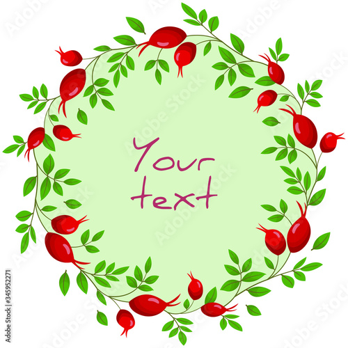 Rose hips wreath; round frame with rose hips for greeting cards, invitations, posters, banners, packaging.
