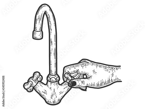 Female hand tightens the screw of a water tap. Sketch scratch board imitation.