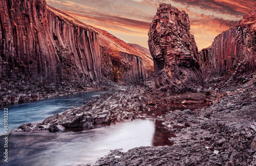 Breathtaking view on tipical nature landscape of Iceland. Studlagil canyon, Iceland. One of the most wonderfull nature sightseeing in Iceland. Iconic location for landscape photographers and bloggers © jenyateua
