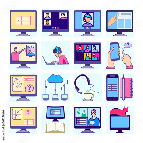 Icons set with hand drawn elements featuring office table, computer, office supplies and laying cat silhouette on computer monitor. Distance learning, or home office, or freelance concept. 