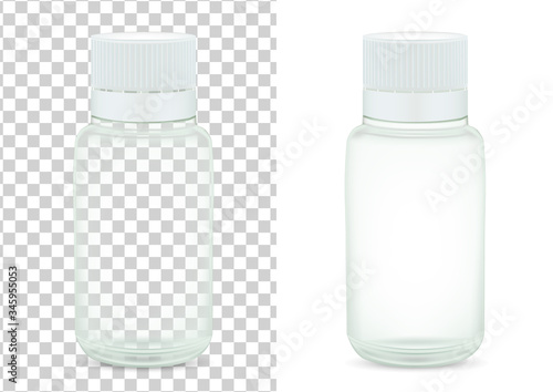 Realistic empty glass medical pill bottle on transparent and white background vector illustration