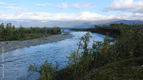 Fototapeta Naklejka Na Ścianę i Meble -  Large river in the arctic tundra. Abisko national park, Nothern Sweden