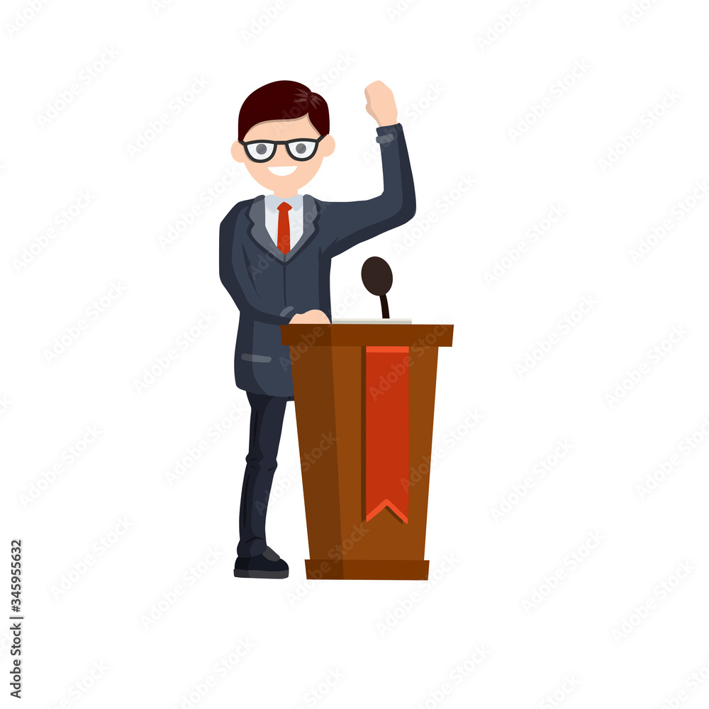 Man in the suit stay behind podium. Presidential election. Political debate. Lecturer in class. The speaker is talking. Dialogue businessman. Cartoon flat illustration Man in the suit stay behind podium. Presidential election. Political debate. Lecturer in class. The speaker is talking. Dialogue businessman. Cartoon flat illustration