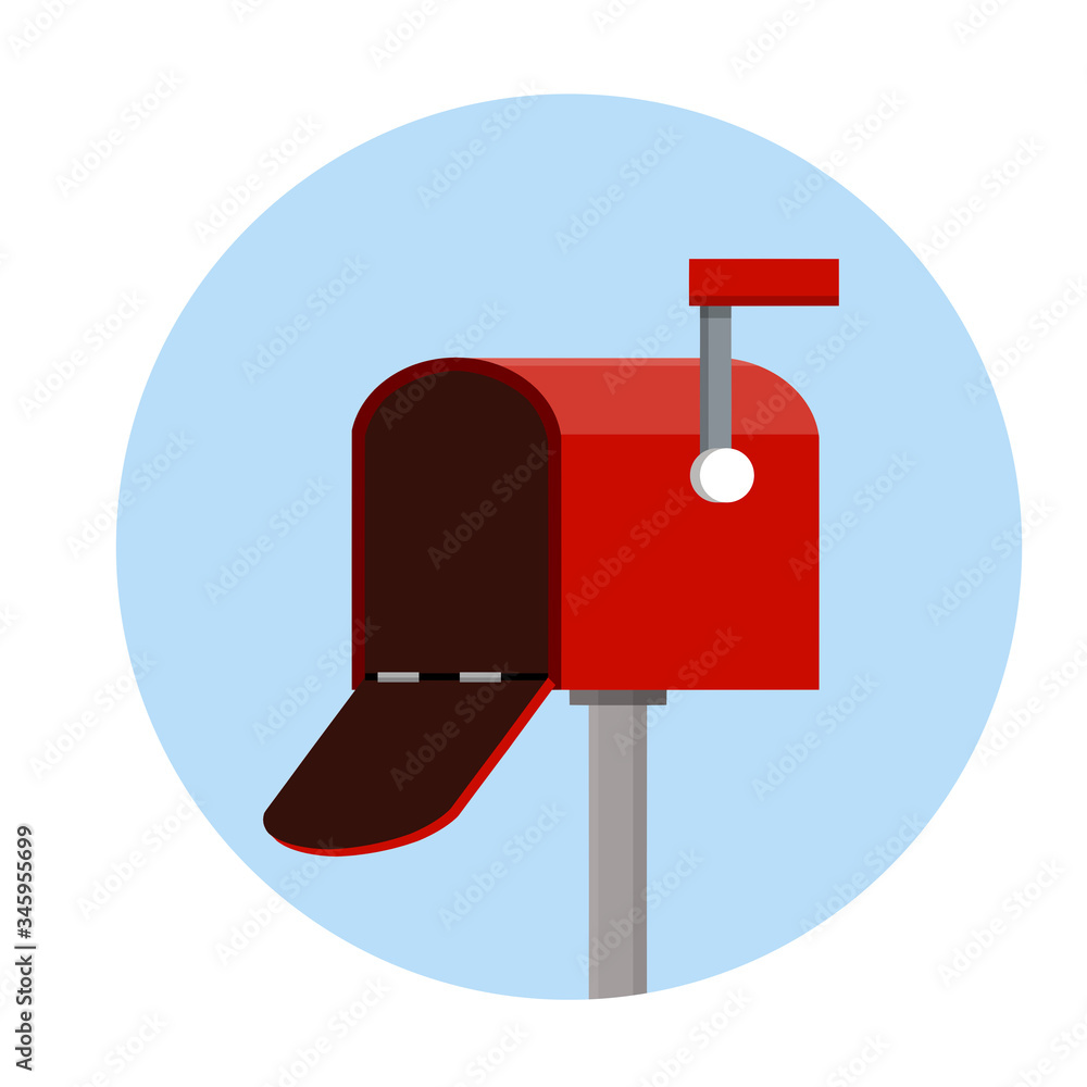 Open Red mailbox. Mail and message. Cartoon flat illustration. Work post office. Communication between people