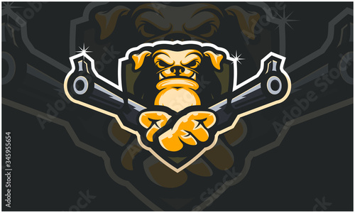 Dog head holding two gun, tactical team, Airsoft gun or Paintball club logo. Design element for company logo, label, emblem, apparel or other merchandise. Scalable and editable Vector illustration