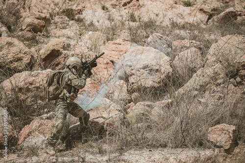 Soldiers of special forces on wars at the desert Thailand people Army soldier Patrolled the front line Calling up reinforcements