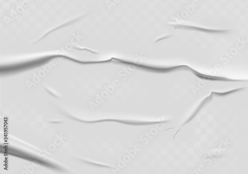 Glued paper with wet transparent wrinkled effect on gray background. White wet paper poster template with crumpled texture. Realistic vector posters mockup
