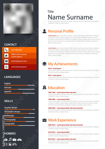 Professional personal resume cv in orange dark and white design