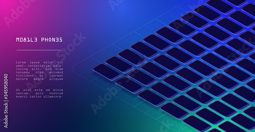 Online connection between smartphones, axonometric vector illustration