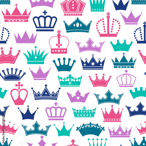 Retro seamless pattern of colors crowns on white background. Surface seamless print of royal.