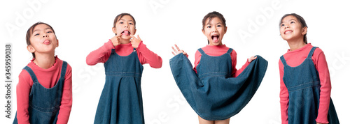 Multiple shot of happy cheerful asian girl have emotional playful minx , Girl wear pink long sleeve shirt with jeans bib, isolate on white background, With clipping path photo