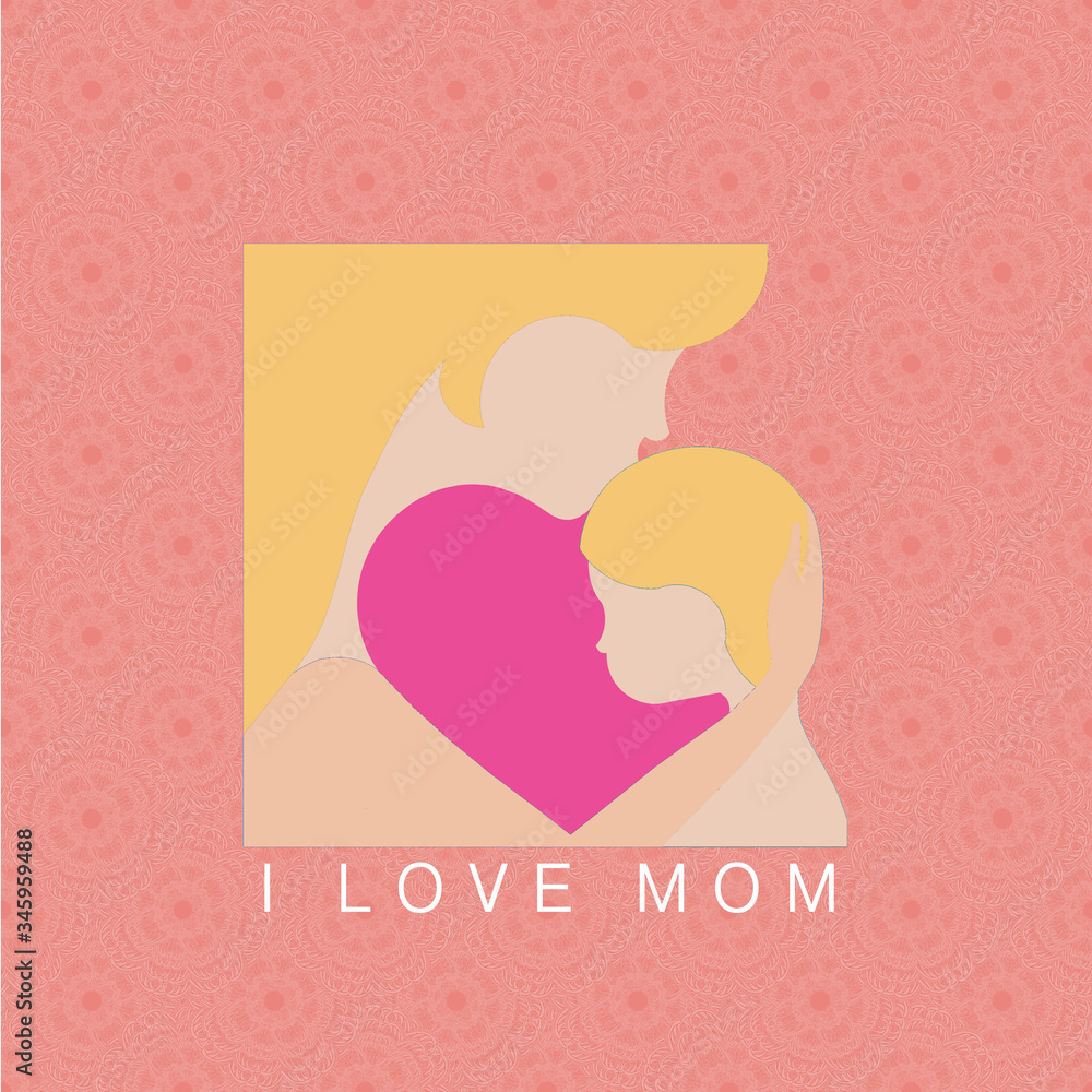 illustration, mother's day, card, text in english, i love mom, happy mother's day, mother and child character, material motif background, romantic pink color
illustration, mother's day, card, text in english, i love mom, happy mother's day, mother and child character, material motif background, romantic pink color
