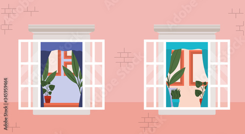 windows from outside with view into the pink house vector design