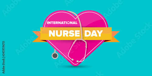 vector international nurse day greeting card or horizontal banner with stethoscope isolated on azure background. vector nurses day icon or sign design template