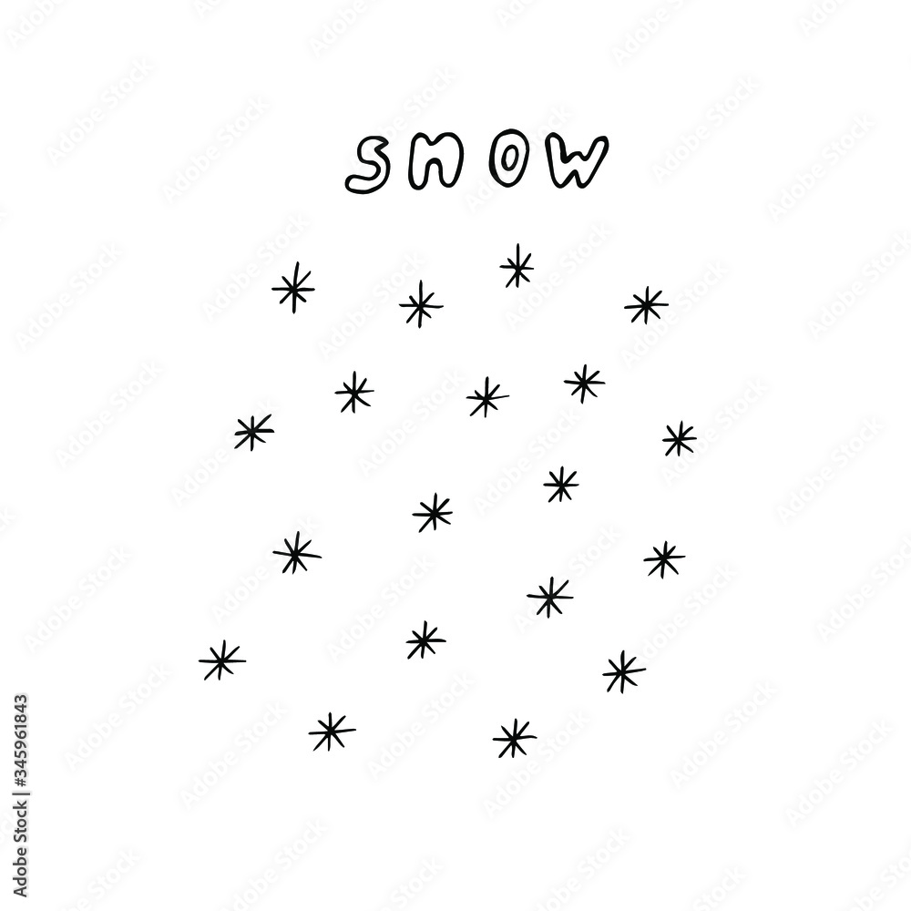 Snowy weather, vector illustration, snow and snowflakes, hand drawing Snowy weather, vector illustration, snow and snowflakes, hand drawing