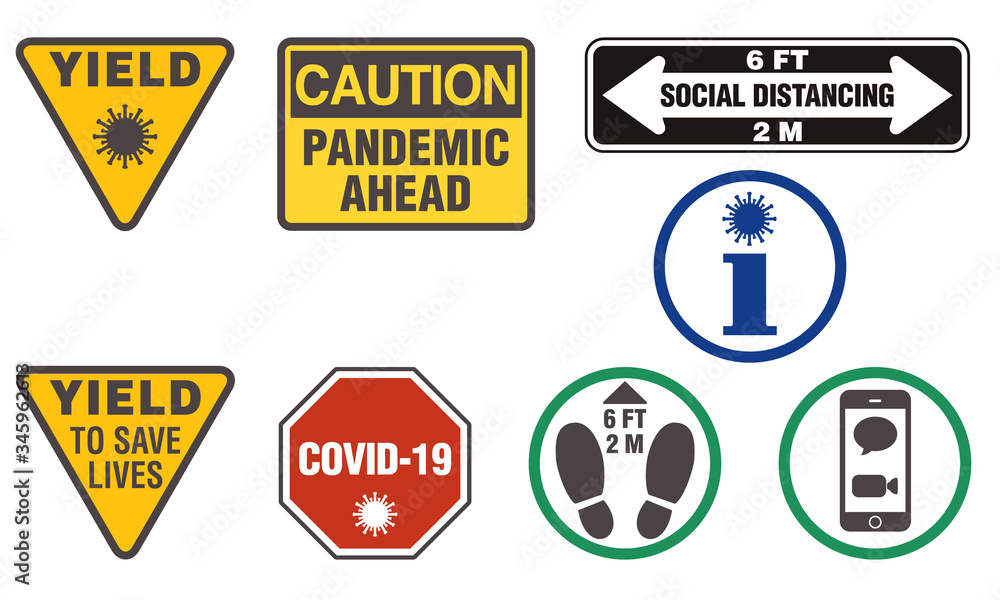 set of Coronavirus Covid-19 icons as traffic signs, illustrating yield, caution, social distance, stop sign, digital communication, information, retail distance sign