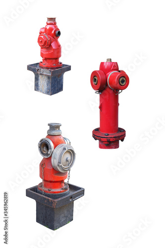 three old street fire hydrants to extinguish a fire isolated on white background