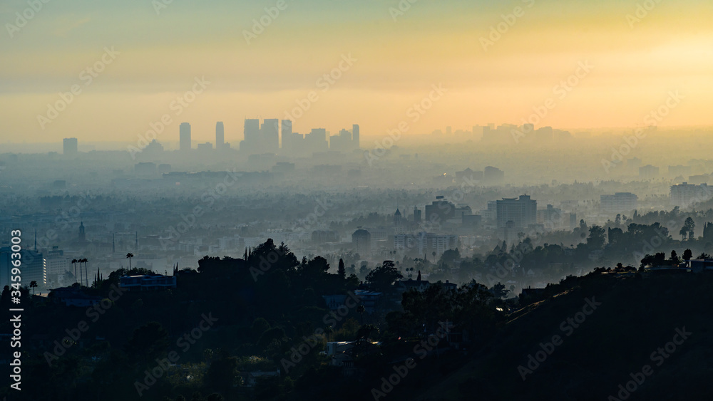 View of downtown Los Angeles, from the Hollywood Hills, at sunset.  