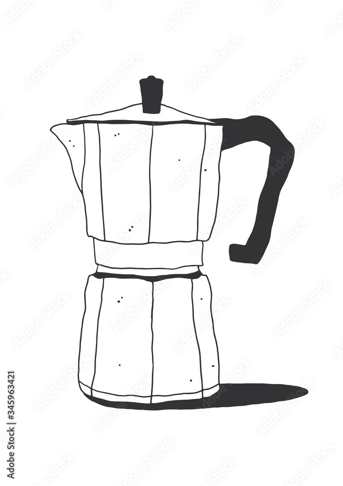 Italian style stovetop coffee maker illustration. Moka pot hand-drawn line  art on the white background. Cafe spot illustration Stock Vector | Adobe  Stock