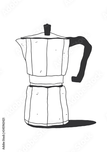 Italian style stovetop coffee maker illustration. Moka pot hand-drawn line art on the white background. Cafe spot illustration
