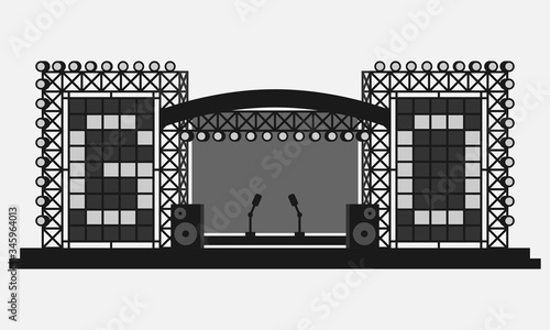 Outdoor festival stage with LED screens black and white vector icon.