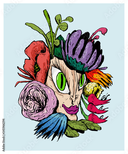 A sketchy bouquet with flowers and a portrait of a girl, drawn with ink and colored pencils. Color vector illustration. It can be used in stores, supermarkets, boutiques, on sites, booklets.