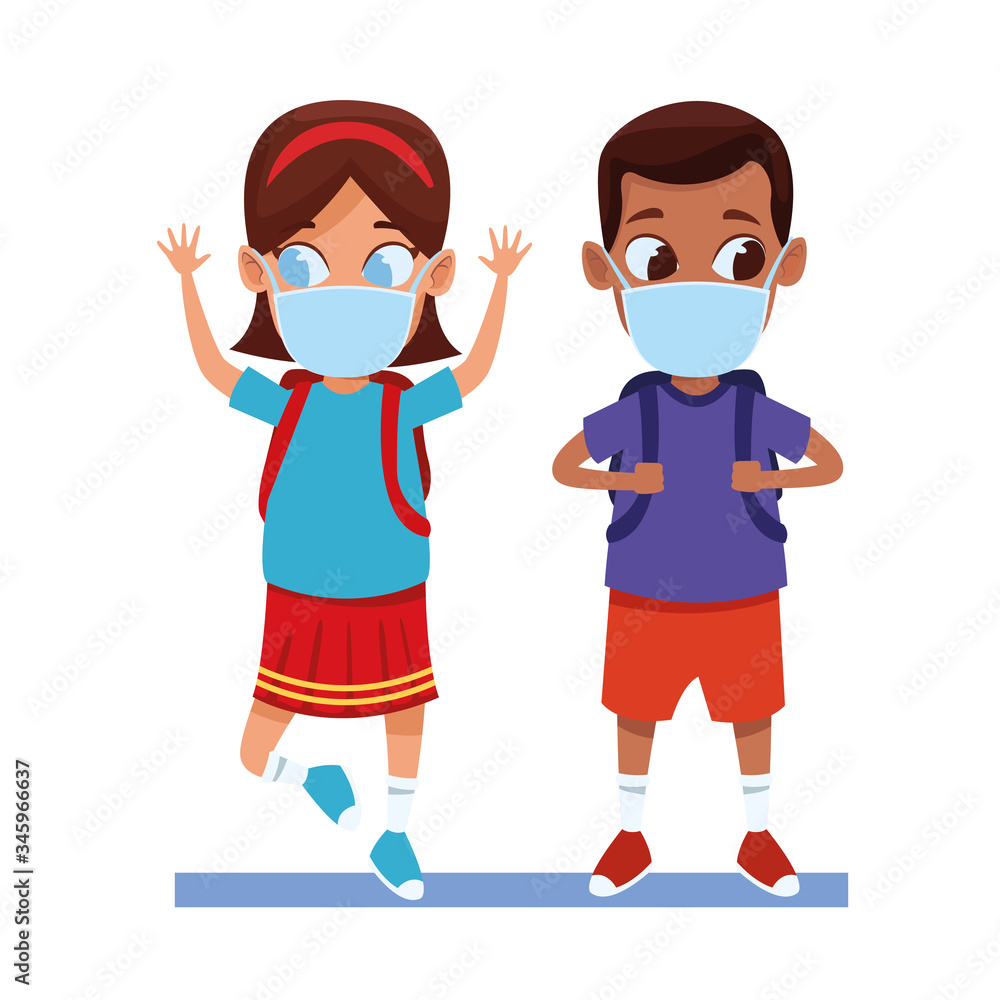 interracial kids couple using face masks for covid19 interracial kids couple using face masks for covid19