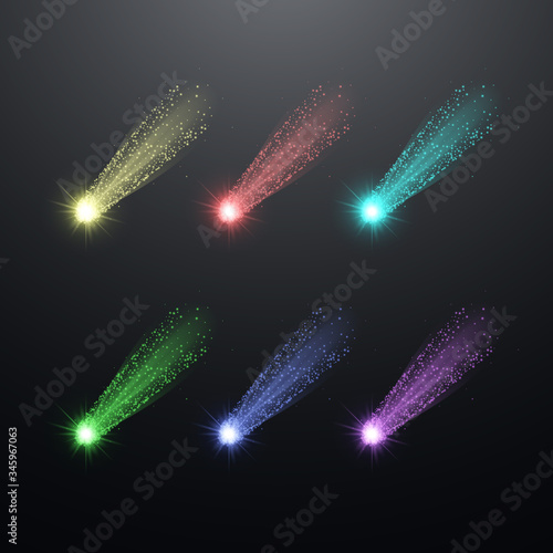 Set of flying colorful comets with stars. Vector illustration.