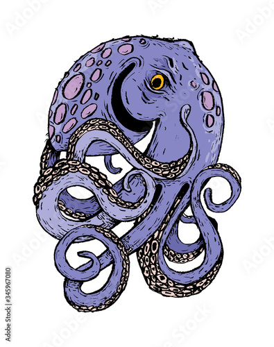 Image of a cheerful purple octopus. Color vector illustration. Can be used in social networks, for articles, publications, postcards, print, poster, sticker, on a T-shirt.