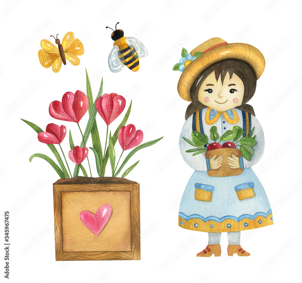 Naklejka premium Watercolor gardening set on the light background. Bright hand-painted illustration with a cute girl, insects, and flowers.