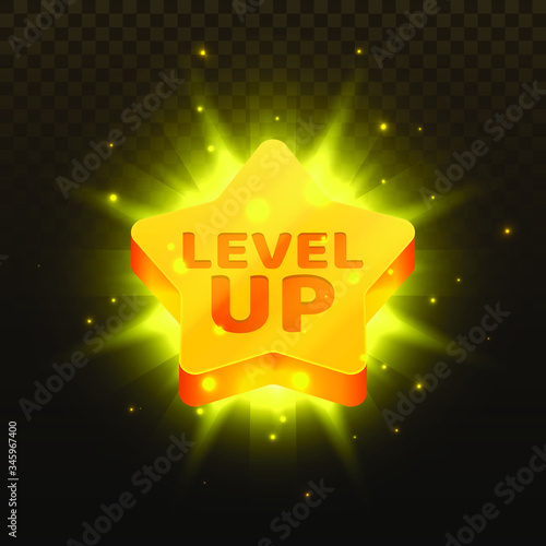 Level up icon. Golden star with text and glowing effects. Element for mobile game or web apps. Modern graphical 2D element for UI and GUI. Vector illustration.