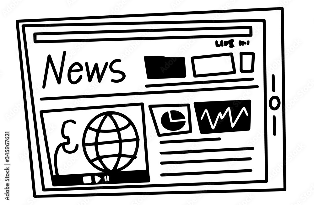 News on tablet screen black and white vector illustration line style