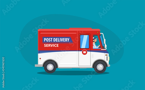 Flat cartoon red and blue post or delivery van vehicle with driver or courier on blue background. Express delivery truck concept. Canadian mail van colors. Vector illustration.
