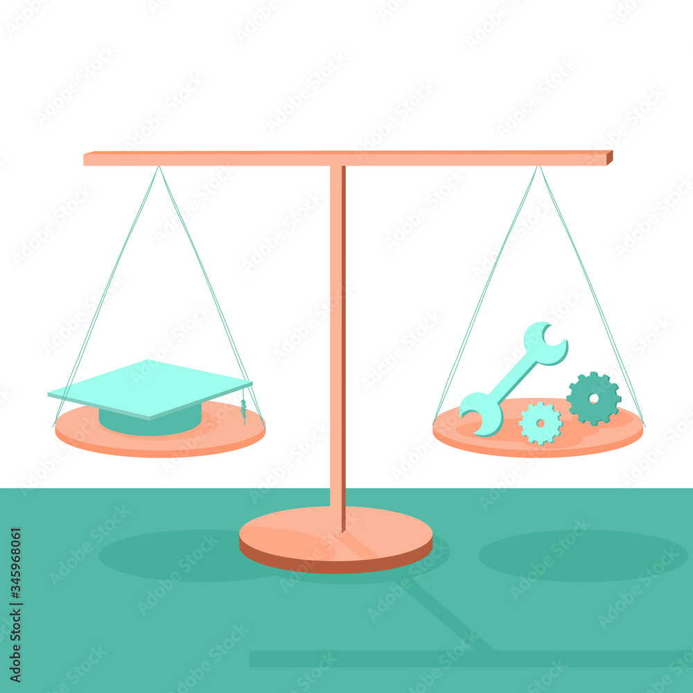 Assets scales, balance between knowledge and experience in life. Weight of business benefits. Cute vector illustration. Assets scales, balance between knowledge and experience in life. Weight of business benefits. Cute vector illustration.