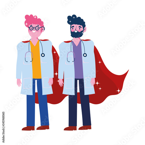 thanks you doctors, male physicians with stethoscope and superhero cape characters